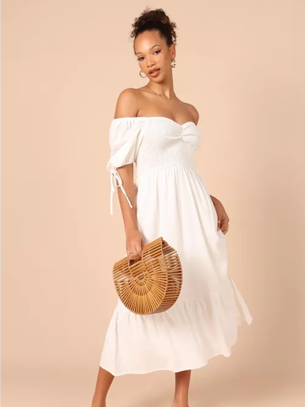Petal & Pup White Off-Shoulder Smocked Midi Dress